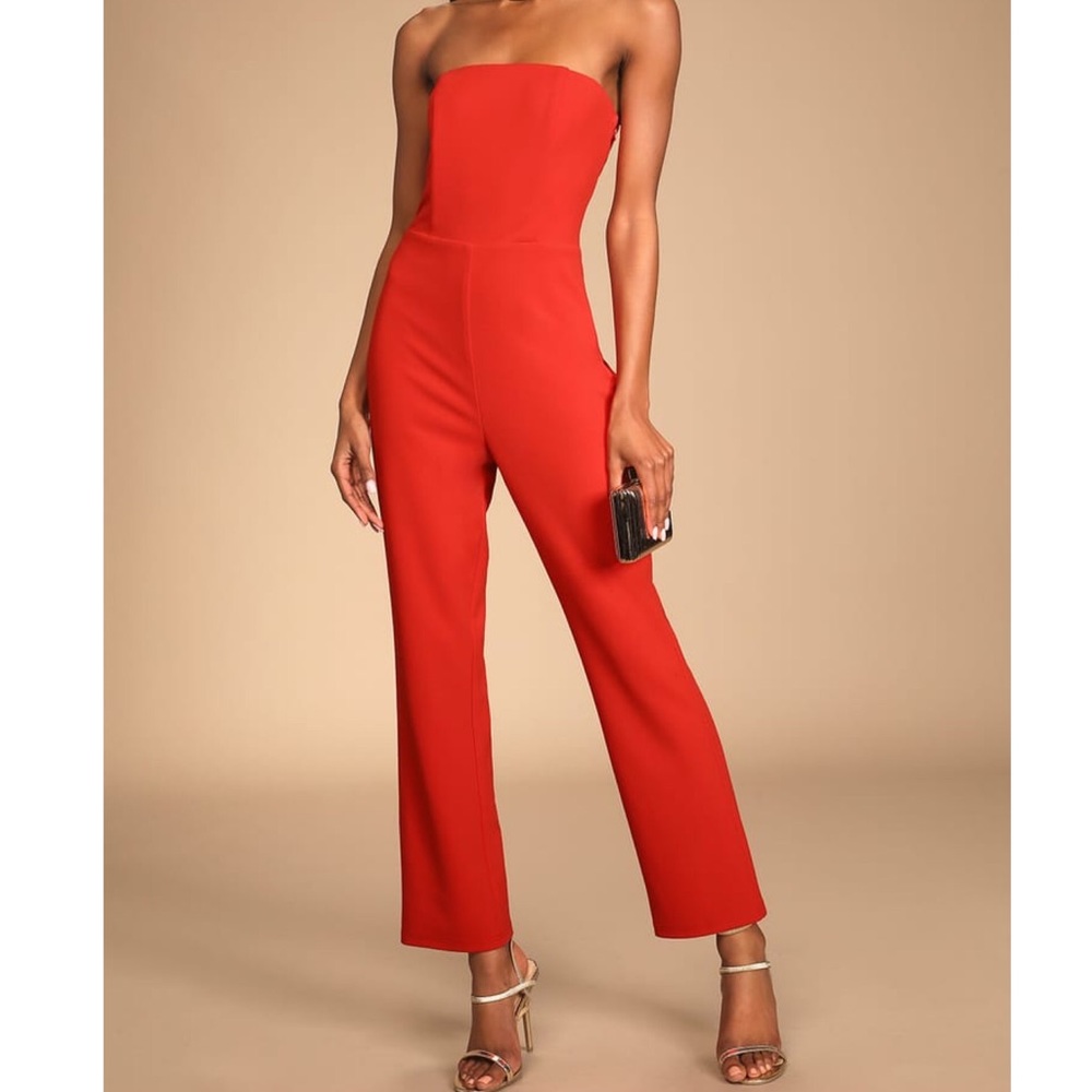 NWT Lulu's Red Special Evening Strapless Cutout Straight Leg Jumpsuit